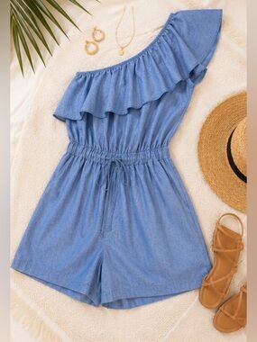 Southcott Chambray One-Shoulder Ruffle Romper | Brand Size 2 (Fits S/M)